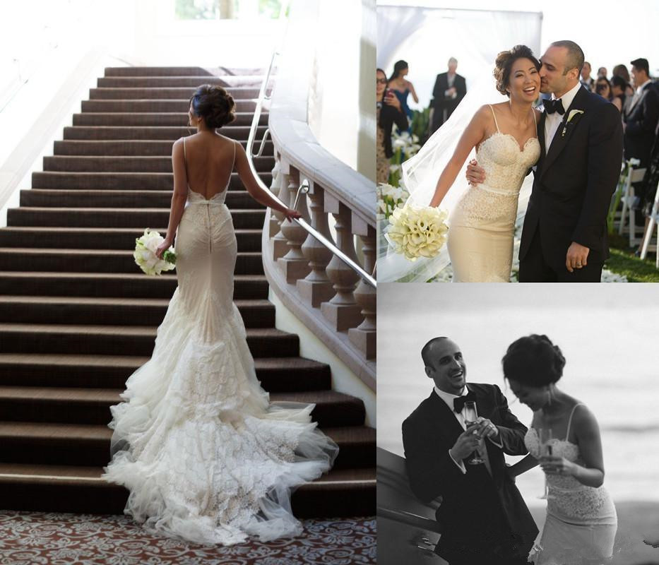 Elegant Tulle Open Back Sweep Train Spaghetti Strap Mermaid Wedding Dresses-newarrivaldress