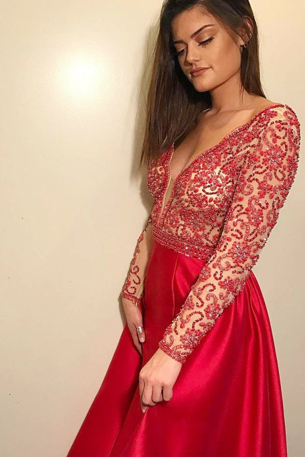 Sexy Deep V-Neck Long Sleeves Beading A-Line Prom Dress-newarrivaldress