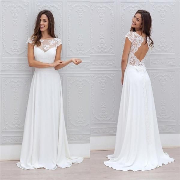 Beautiful Simple Short Sleeve Elegant A-Line Sweep Train Open Back White Wedding Dresses-newarrivaldress