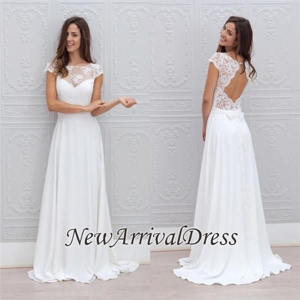 Beautiful Simple Short Sleeve Elegant A-Line Sweep Train Open Back White Wedding Dresses-newarrivaldress