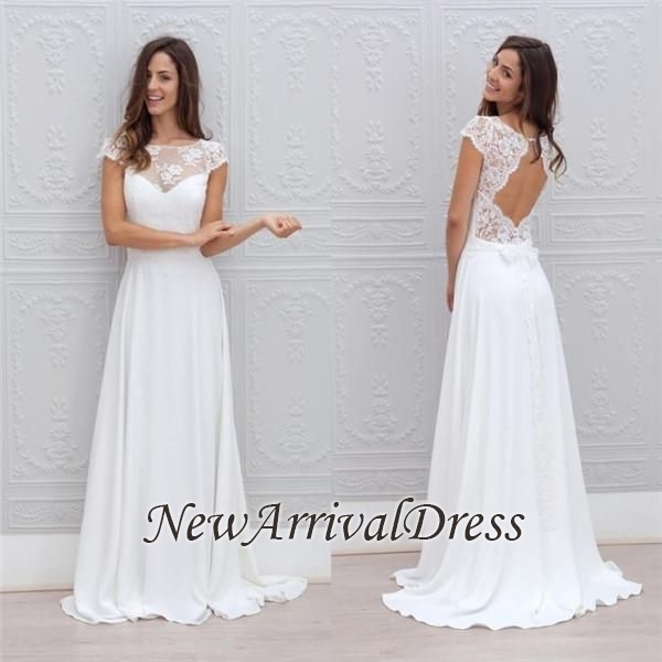Beautiful Simple Short Sleeve Elegant A-Line Sweep Train Open Back White Wedding Dresses-newarrivaldress