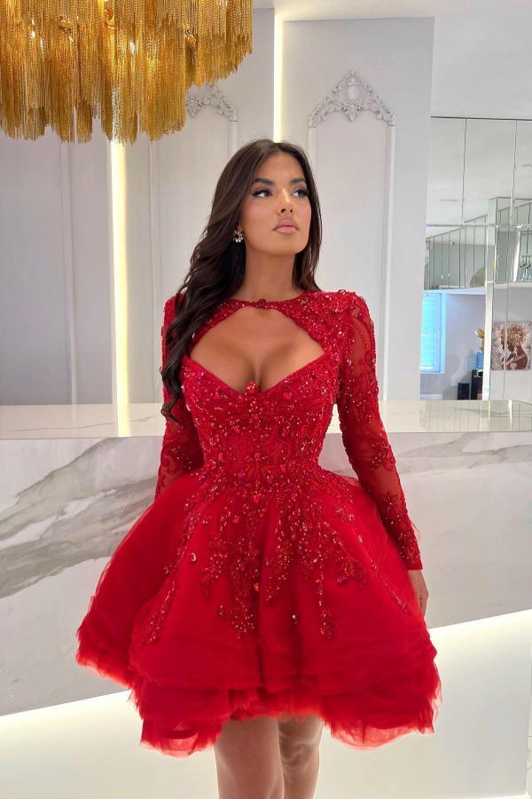 Sexy Red Long Sleeves Short Party Dress Tulle Lace Appliques Cocktail Party Dress-newarrivaldress