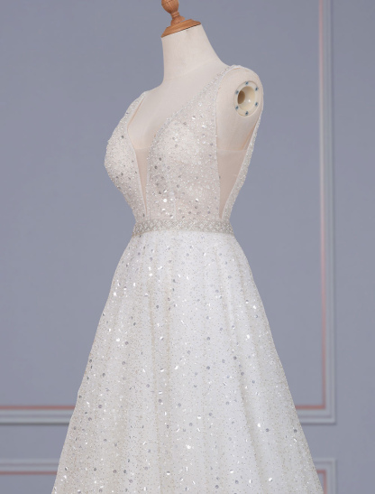 Ivory Simple Wedding Dress Lace V-Neck Sleeveless Backless Lace A-Line Long Bridal Gowns-newarrivaldress