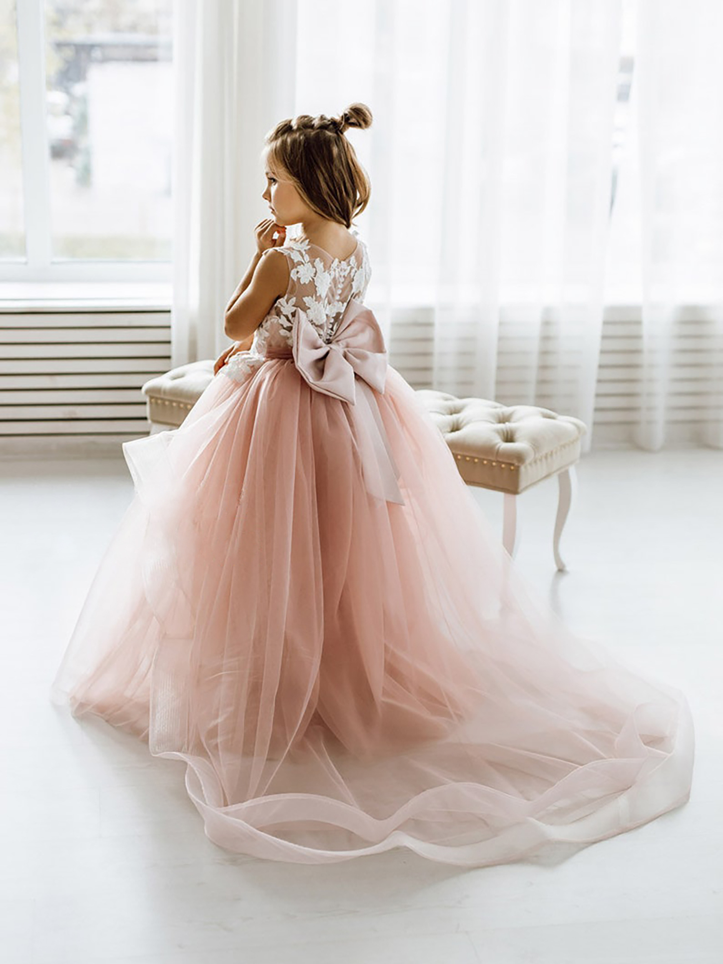 First Communion Dress For Girl White Lace Appliques Dusty Pink Tulle Flower Girl Dresses-newarrivaldress