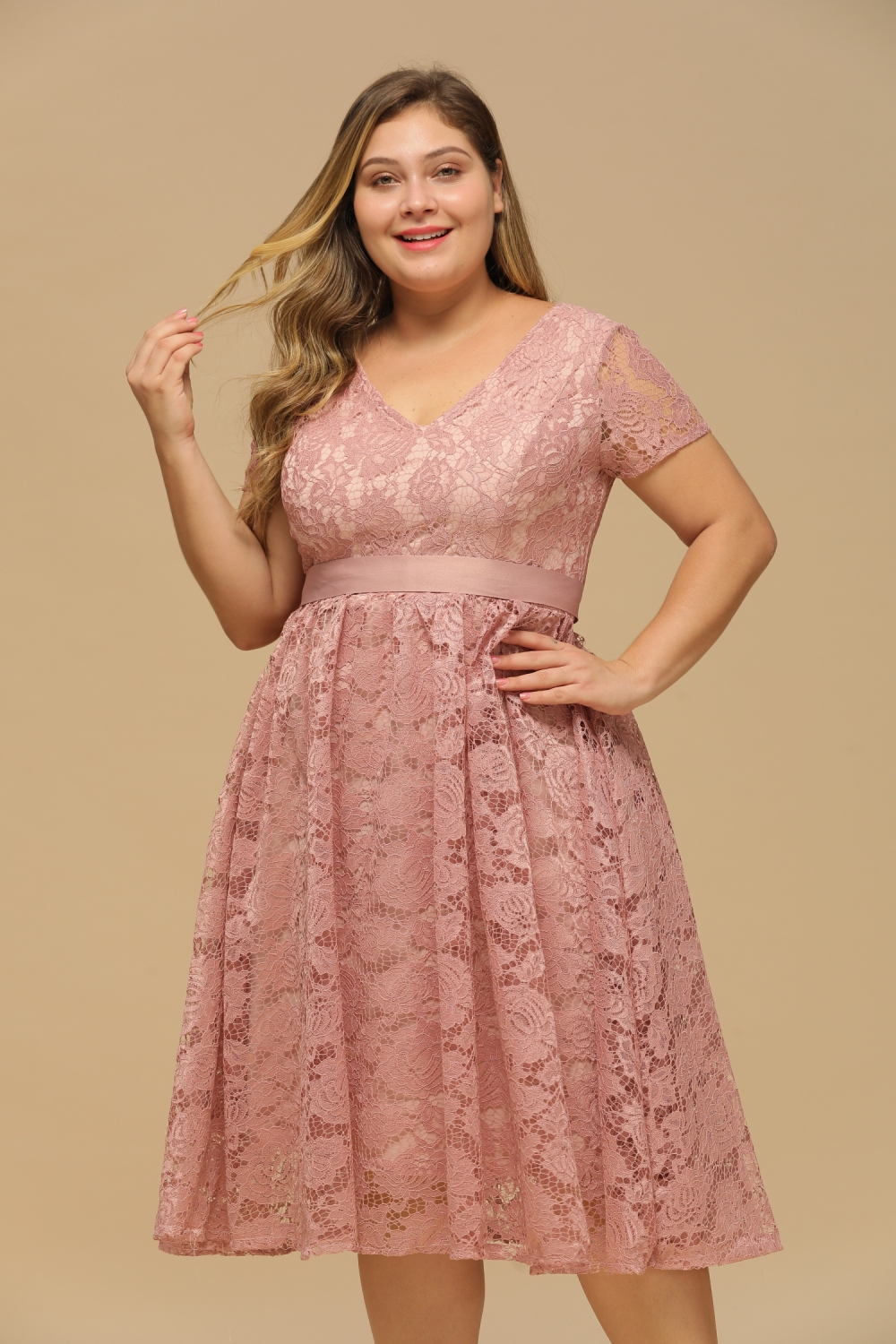 Burgundy Short Sleeves Flower Lace V-neck Dresses with Sash-newarrivaldress