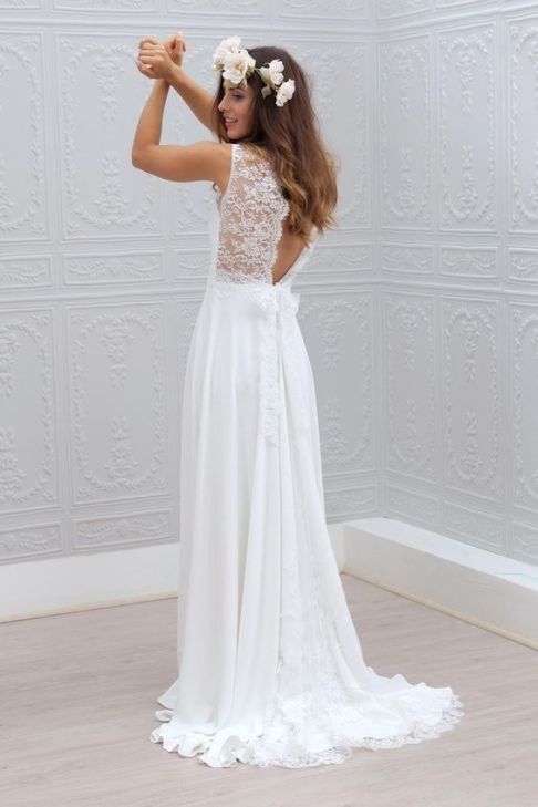 Sleeveless V-Neck Bowknot Chiffon Lace Appliques Simple Summer Beach Wedding Dresses-newarrivaldress