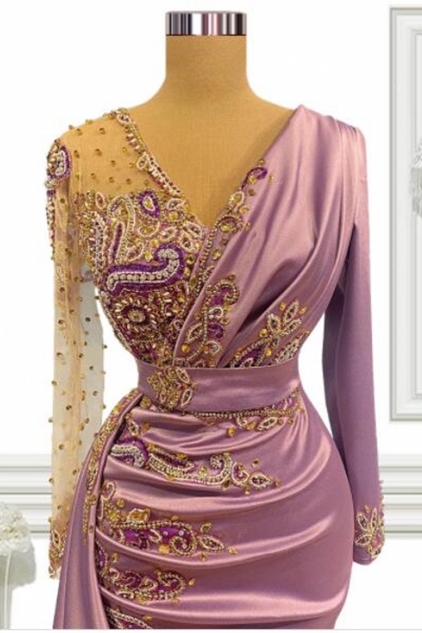 Stylish Satin Mermaid Prom Dress with Sleeves Gold Appliques Party Gown-newarrivaldress