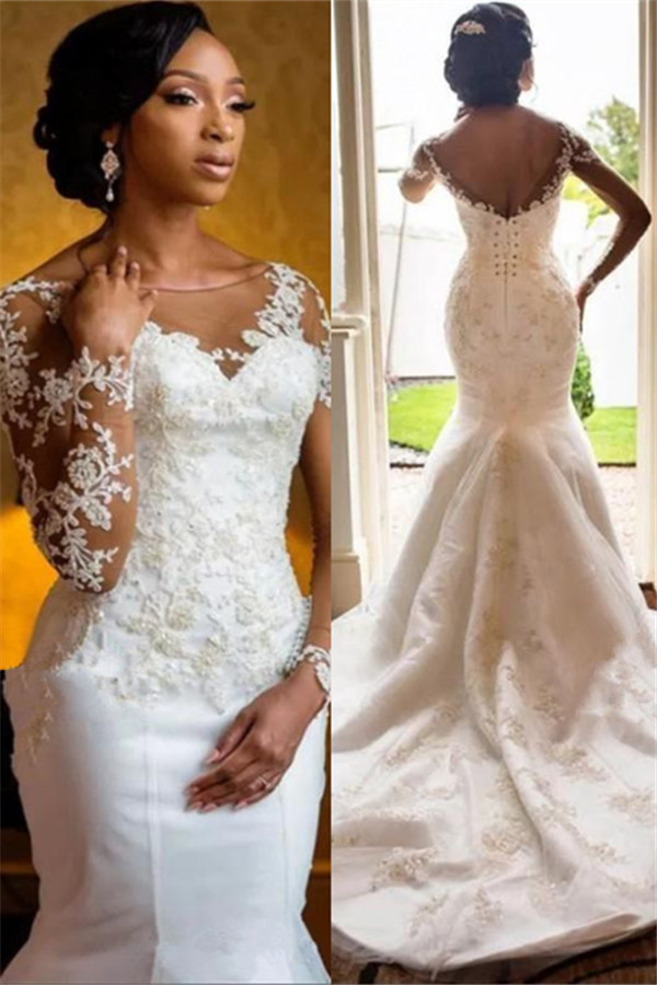 Charming Long Sleeve Lace Appliques Mermaid Round Neck Wedding Dresses-newarrivaldress