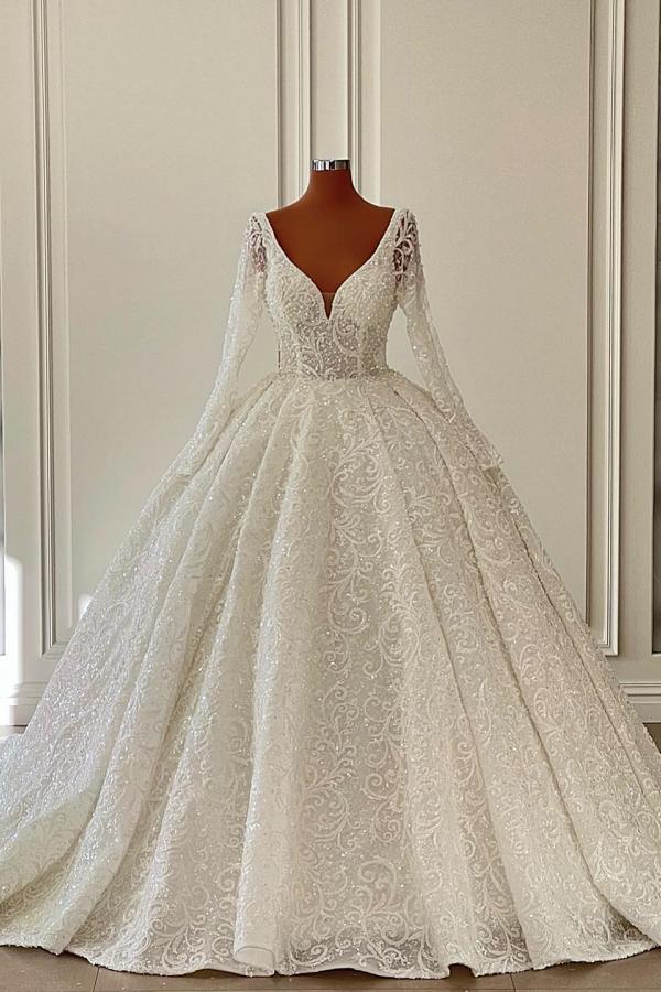 Luxury Long Sleeves Aline Wedding Dress V-Neck Floral Lace Bridal Gown-newarrivaldress