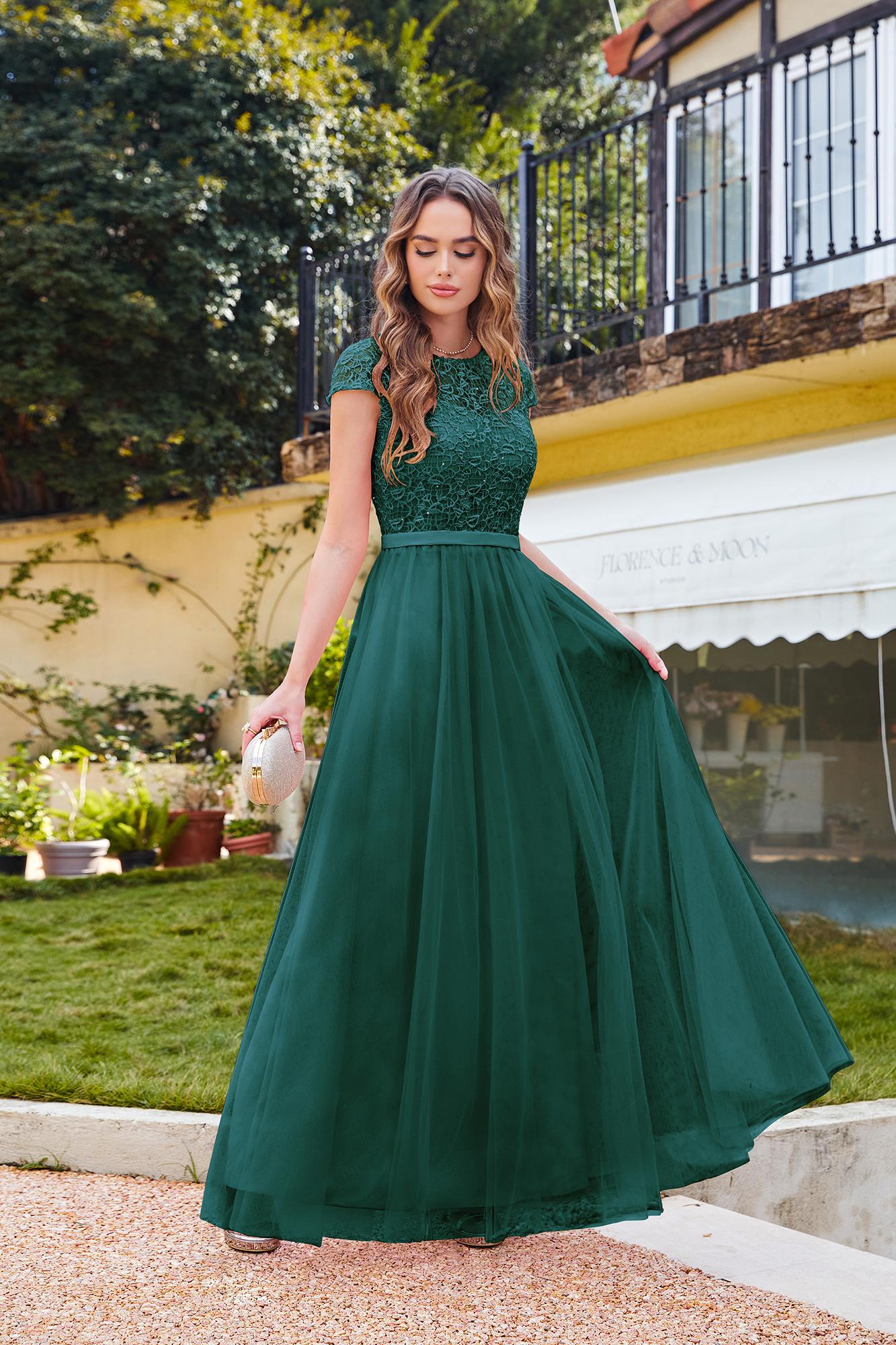 Chic Cap Sleeves Illusion Lace Aline Bridesmaid Dress Floor Length Chiffon Evening Dress-newarrivaldress