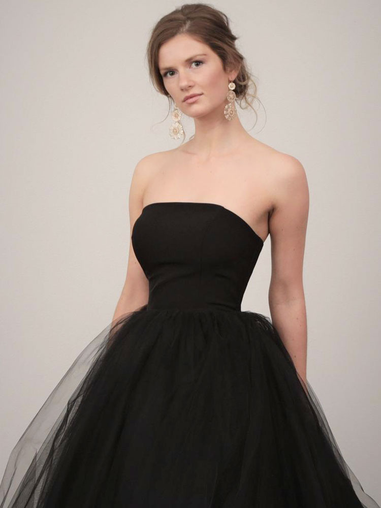 Black Wedding Dresses A-Line Strapless Pleated Taffeta Tulle Chapel Train Bridal Dress-newarrivaldress