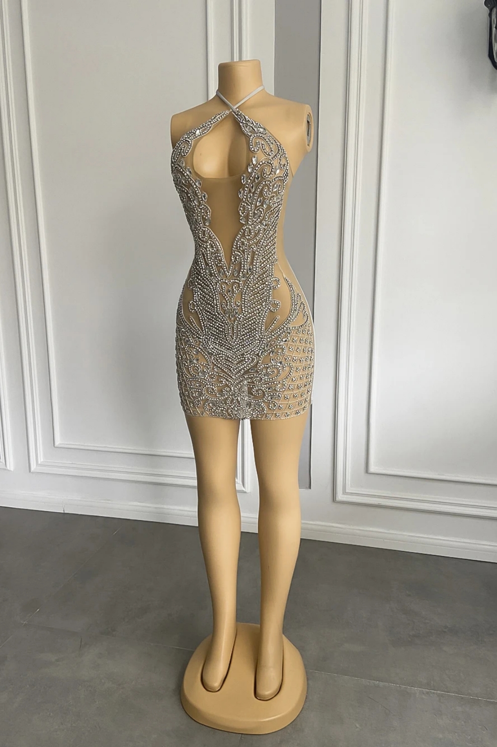 Sexy Halter See Through Cocktail Gowns Luxury Crystals Silver Birthday Party Short Prom Dresses-newarrivaldress
