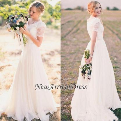 Popular Lace Chiffon Modest V-neck Short Sleeves A-line Wedding Dresses Online-newarrivaldress