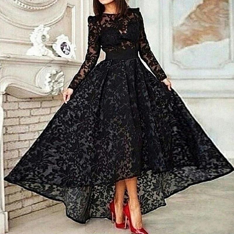 Vestido Black Hi-lo Long Sleeves Prom Dresses Sheer Lace Evening Gowns-newarrivaldress