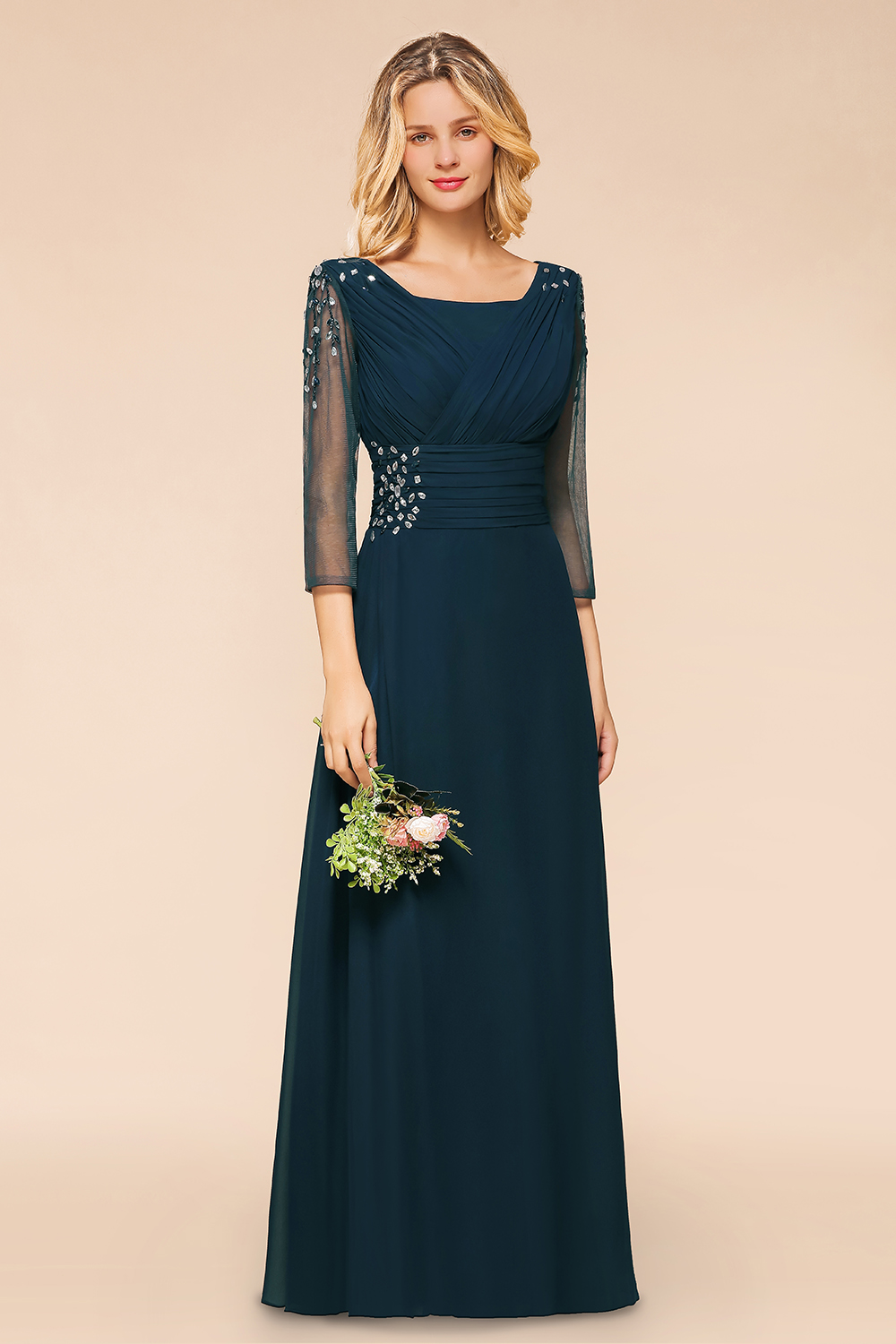 3/4 Sleeves Dark Navy Chiffon Floor -Length Aline Bridesmaid Dresses with Beadings-newarrivaldress