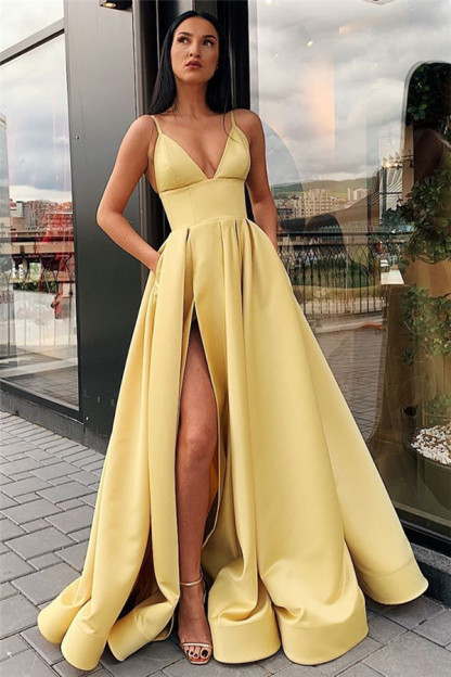 Spaghetti Straps Sexy Side Slit Formal Dresses | Sleeveless Open Back Long Evening Gowns-newarrivaldress