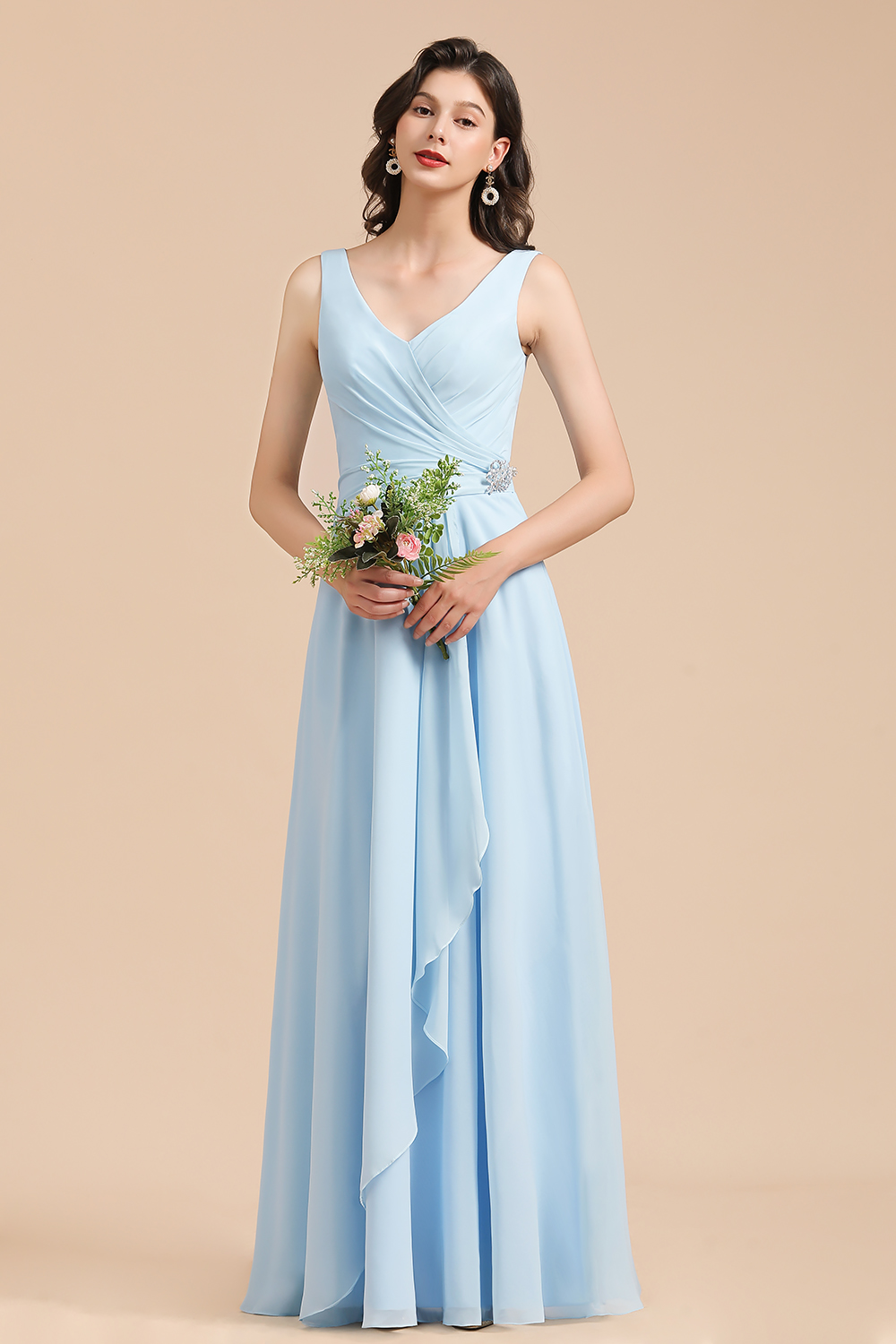 Sleeveless V-Neck Ruffle Chiffon ALine Bridesmaid Dress Simple Wedding Guest Dress