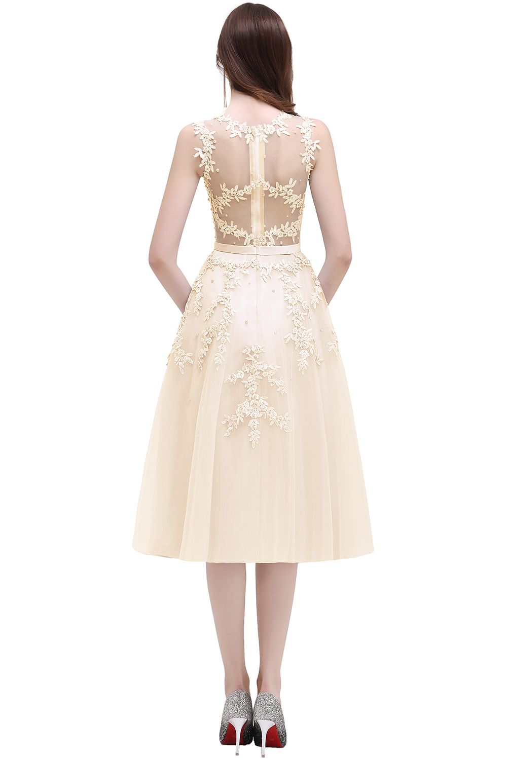 Tea-Length A-line Lace Appliques Beaded Party Dresses Sleeveless Short Homecoming Dresses-newarrivaldress