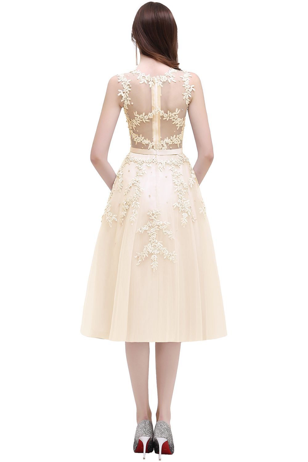 Tea-Length A-line Lace Appliques Beaded Party Dresses Sleeveless Short Homecoming Dresses-newarrivaldress