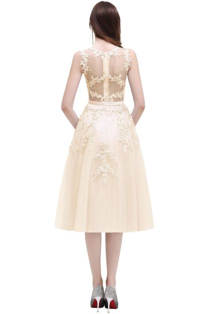 Tea-Length A-line Lace Appliques Beaded Party Dresses Sleeveless Short Homecoming Dresses-newarrivaldress