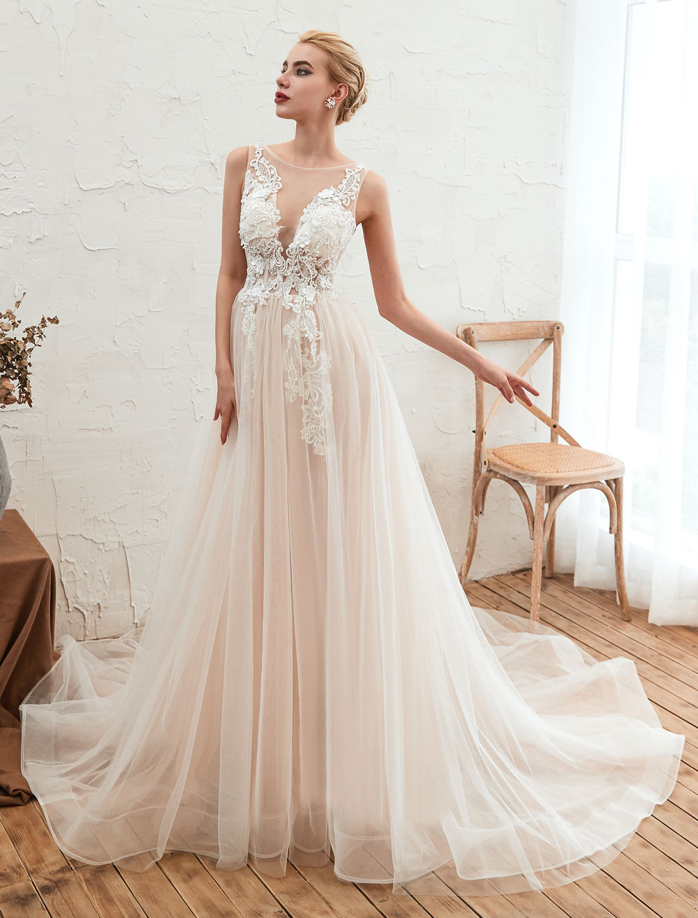 Wedding Dress 2021 V Neck Sleeveless A Line Tulle Bridal Gowns With Train-newarrivaldress