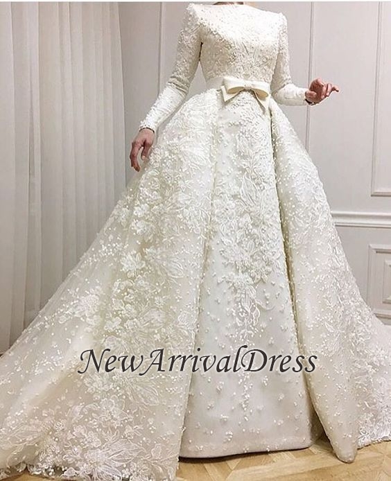 Muslim Lace Appliques Jewel Ball Gown Bridal Dress | Luxury Beaded Overskirt Long Sleeve Wedding Dresses Online-newarrivaldress