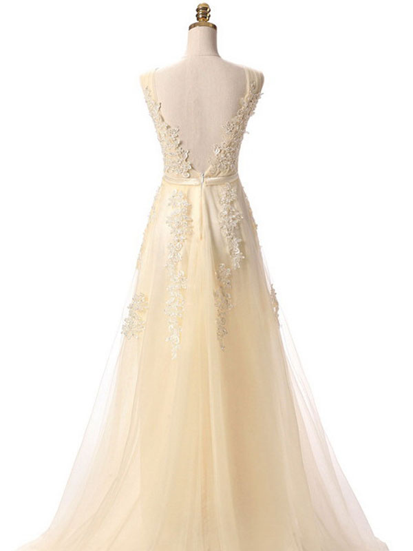 Prom Dress V Neck A Line Sleeveless Floor Length Lace Applique Party Dresses-newarrivaldress
