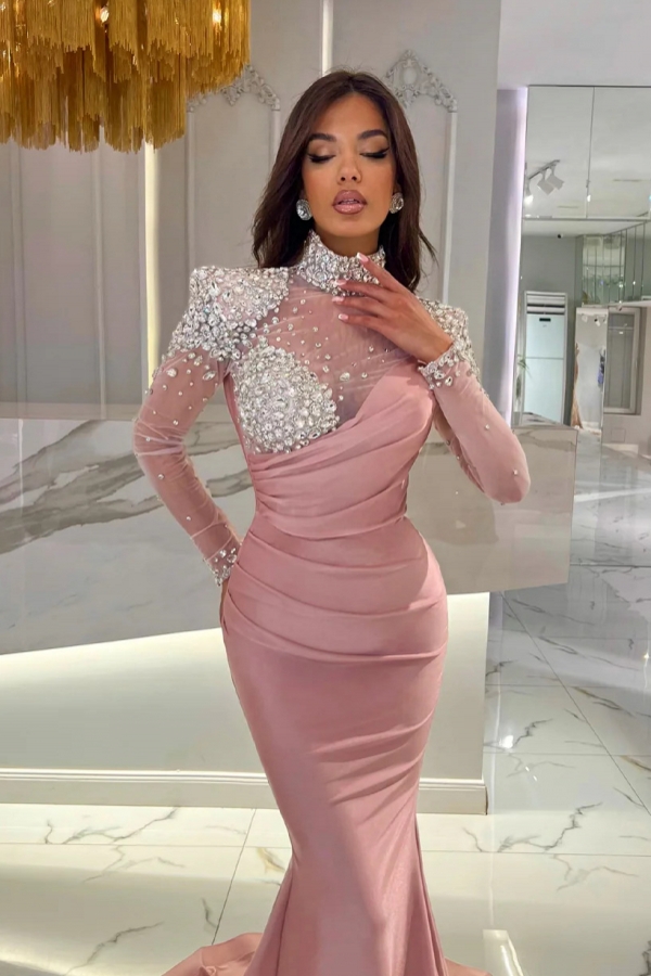 Glitter Sequins Dusty Pink Ruffle Satin Mermaid Prom Dress with Sleeves-newarrivaldress