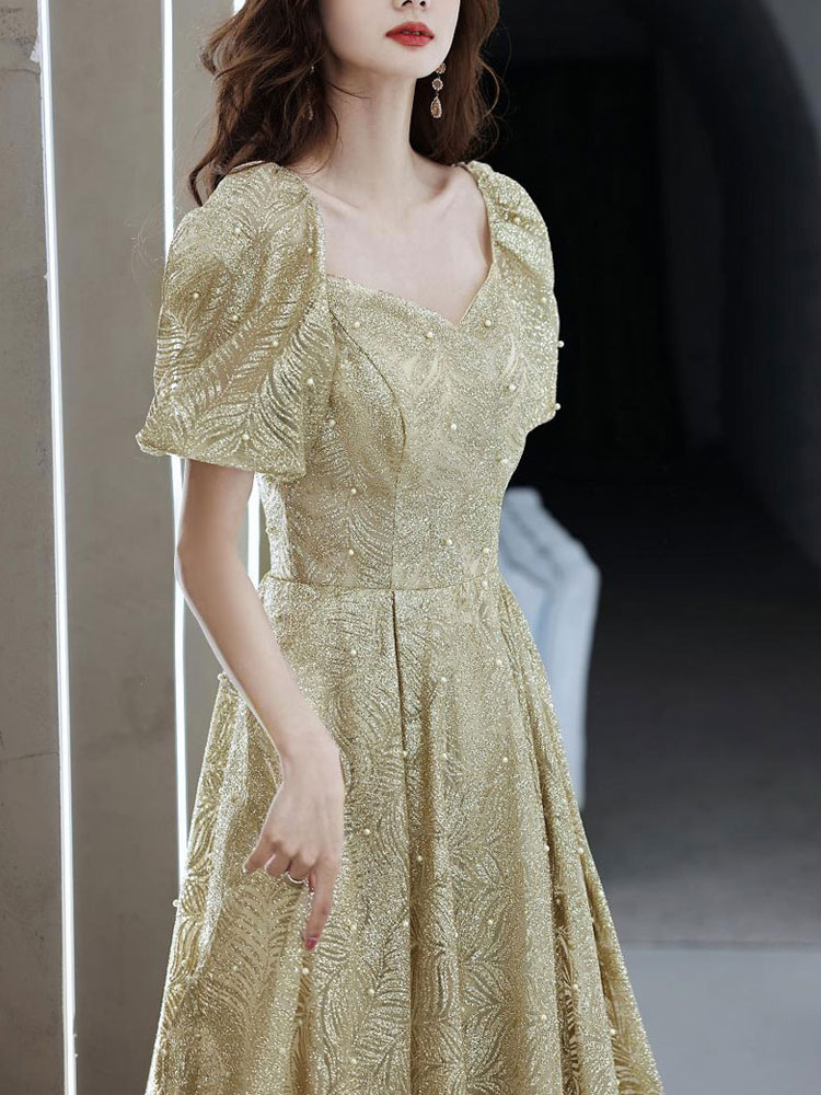 Light Blond Evening Dress A-Line V-Neck Half Sleeves Lace-up Sequined Floor-Length Formal Party Dresses-newarrivaldress