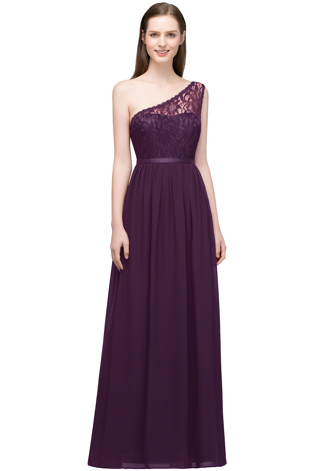 SYBIL | A-line One-shoulder Floor Length Lace Chiffon Bridesmaid Dresses with Sash-newarrivaldress