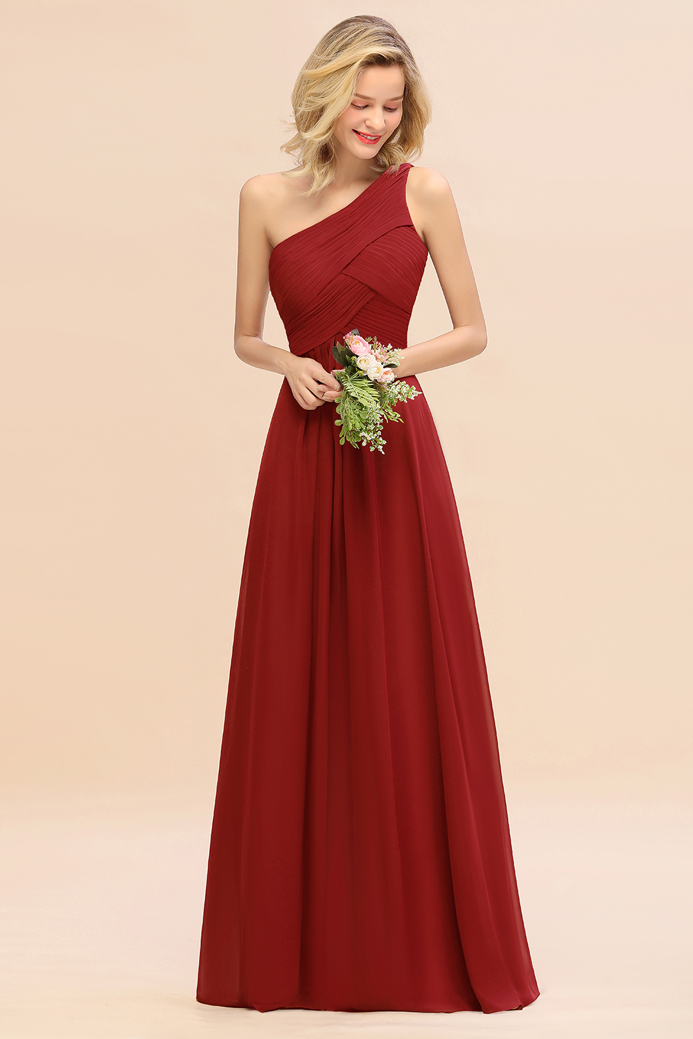 Elegant Ruched Chiffon One Shoulder Bridesmaid Dress Long Sleeveless Evening Dress-newarrivaldress
