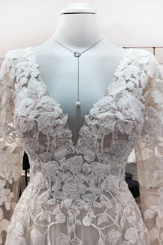 Romantic White Long Sleeves Wedding Dress Floral Lace Aline Bridal Dress-newarrivaldress