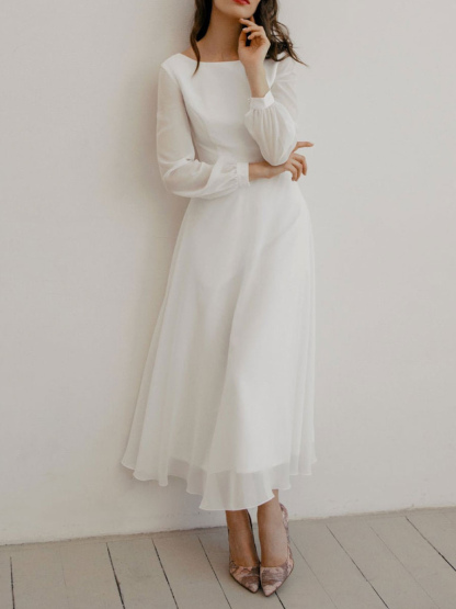 White A-Line Simple Wedding Dress Jewel Neck Long Sleeves Ankle-Length Zipper Chiffon Bridal Gowns-newarrivaldress