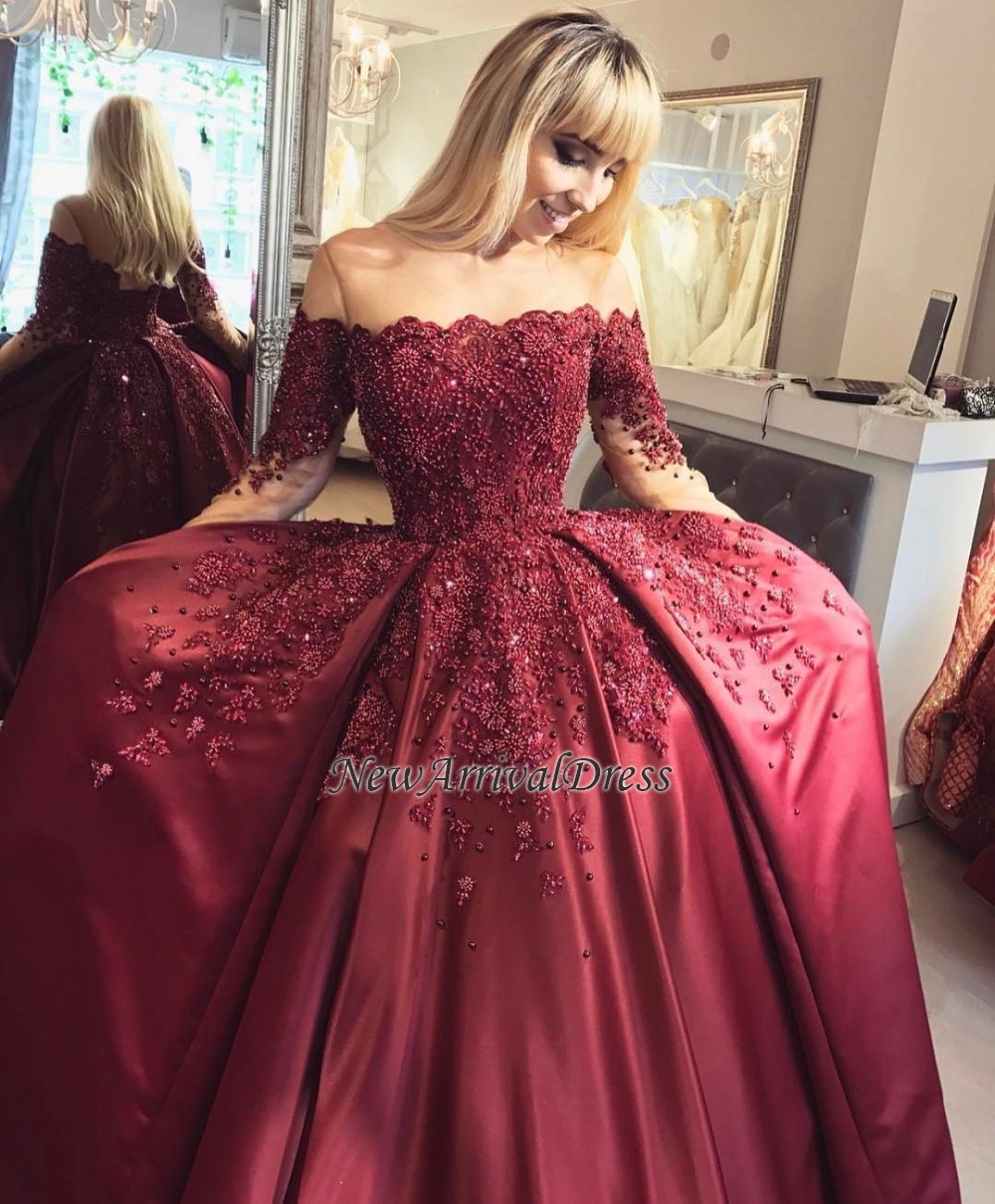 Appliques Long-Sleeves Burgundy Crystal Ball Off-the-Shoulder Prom Dresses-newarrivaldress