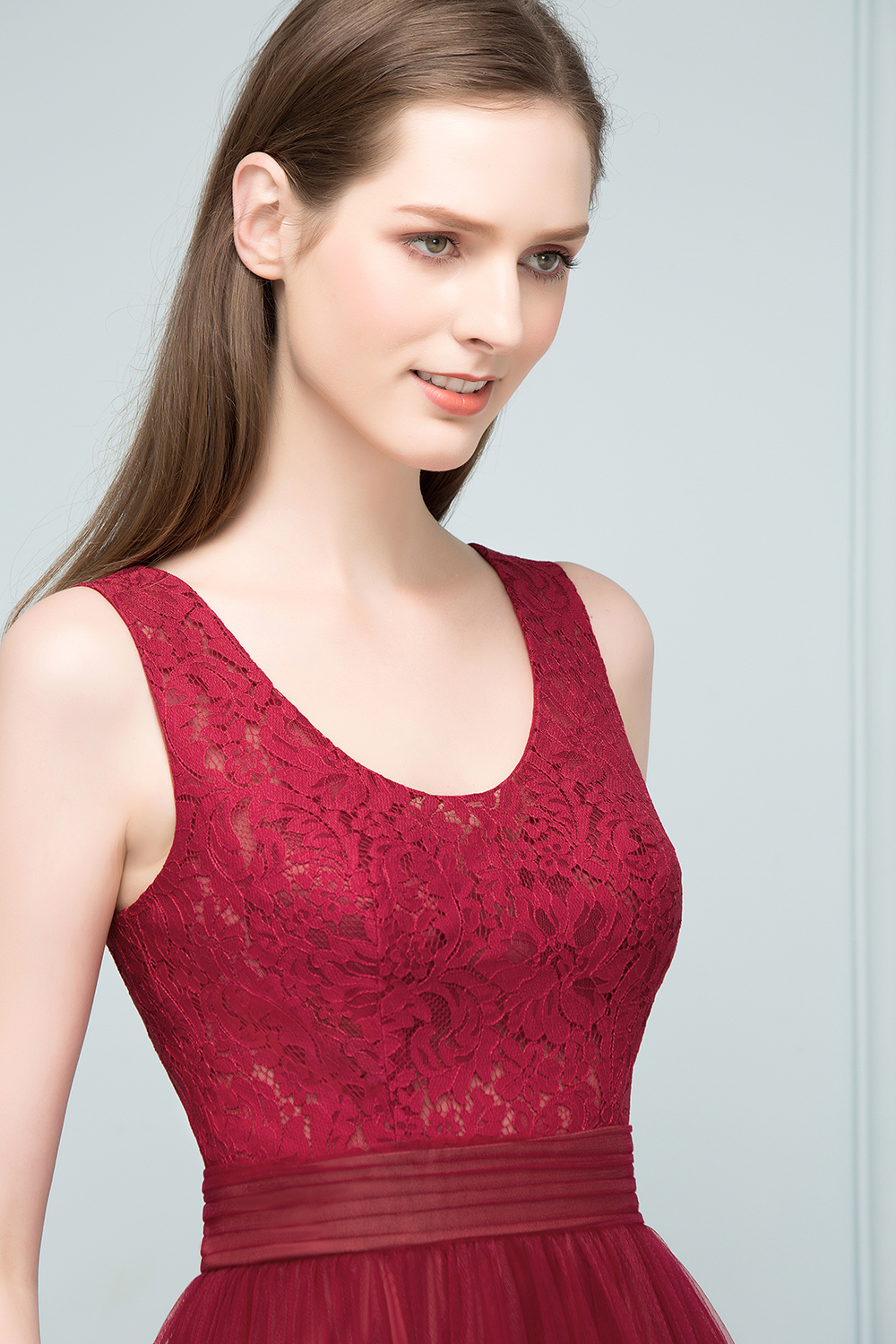 JULIANNA | A-line Scoop Long Sleevless Lace Top Burgundy Tulle Prom Dresses-newarrivaldress