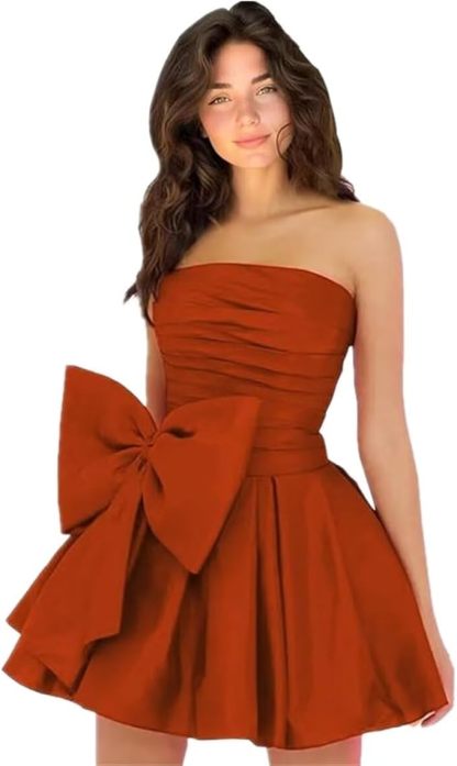 Simple Strapless Ruffle Satin Short Homecoming Dress Sleeveless Mini Party Dress with Bow-newarrivaldress