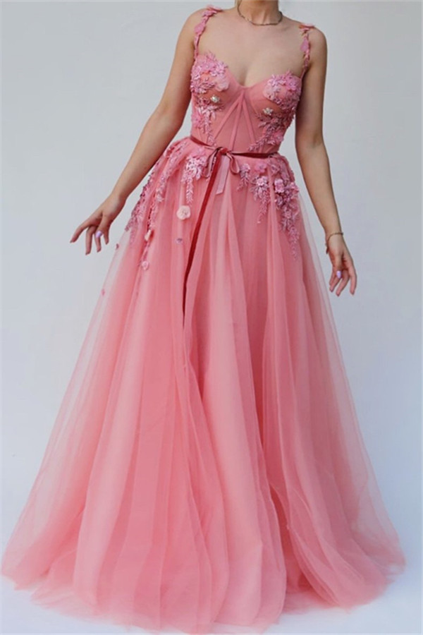 Pink A-line Spaghetti Tulle Flower Applique Prom Dresses-newarrivaldress