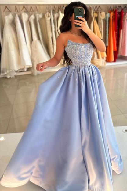 Strapless Satin Long Evening Dress Pearls Floor Length Aline Prom Dress-newarrivaldress