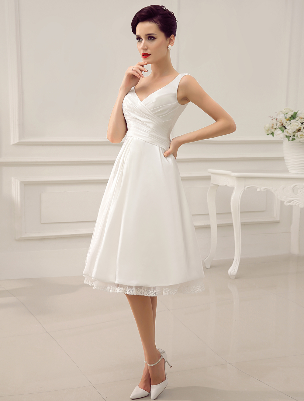 Simple Wedding Dresses Ivory Wedding Dress Knee-Length Backless Straps Lace Bridal Dress Exclusive-newarrivaldress