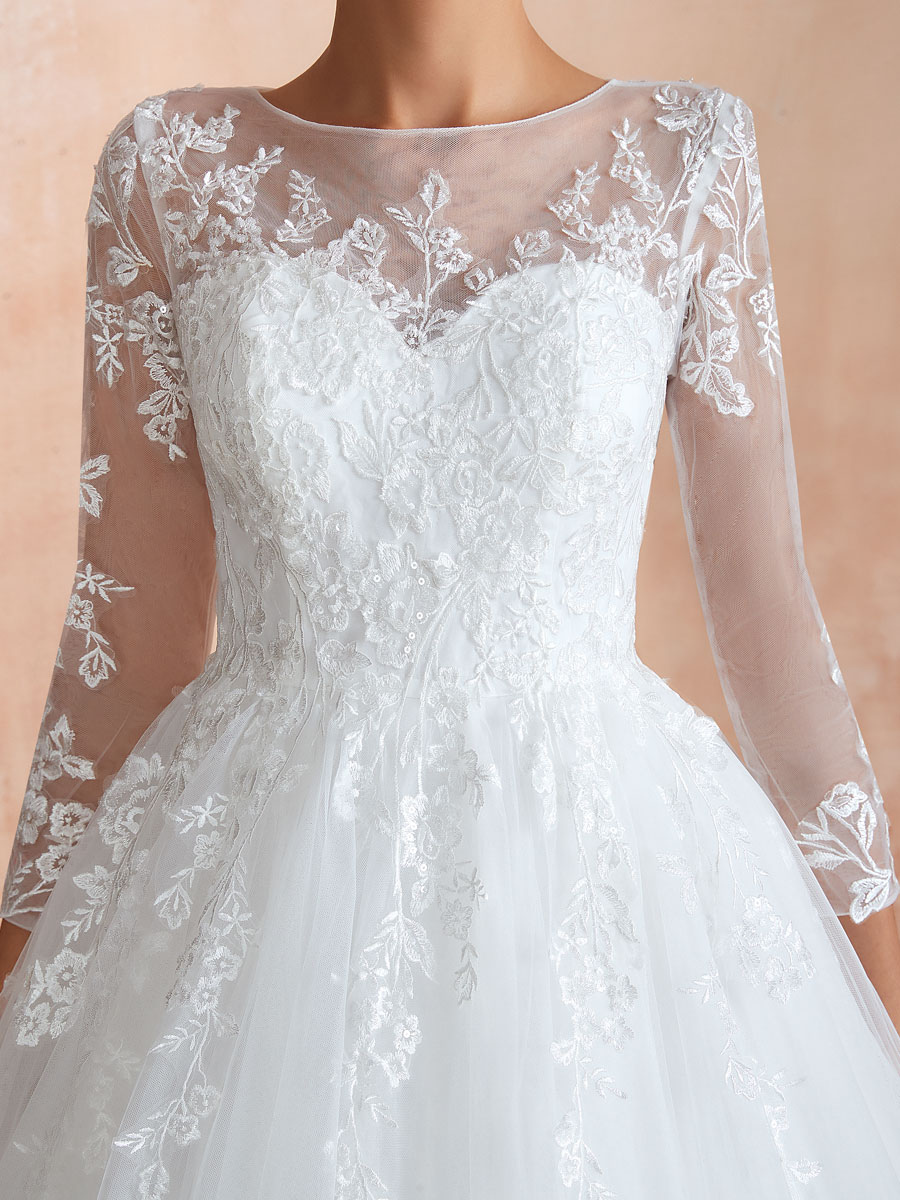 Wedding Gown 2021 3/4 Sleeve Jewel Neck Lace Appliqued Beaded Ball Gown Bridal Wedding Dress With Train-newarrivaldress