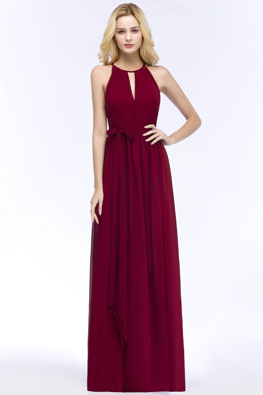 ROSALIND | A-line Halter Floor Length Burgundy Bridesmaid Dresses with Bow Sash-newarrivaldress