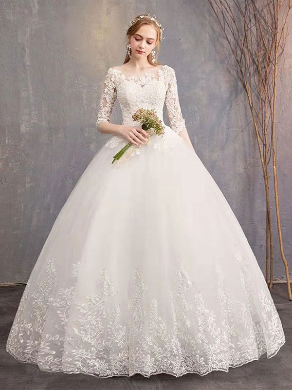 Wedding Dresses Eric White Jewel Neck Half-Sleeve Soft Tulle Lace Up Floor Length Bride Dresses-newarrivaldress