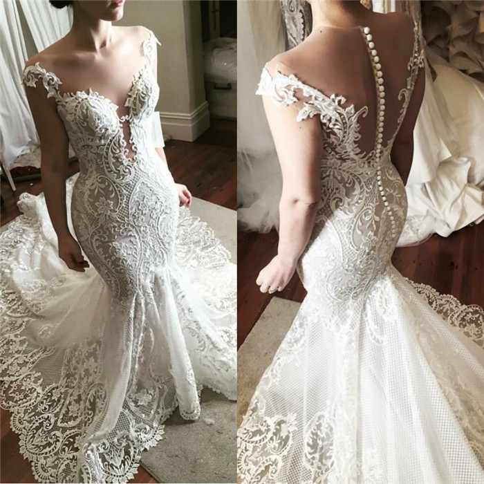 Sexy Lace Mermaid Wedding Dress 2021 | Glamorous Sheer Tulle Bridal Gowns with Buttons-newarrivaldress