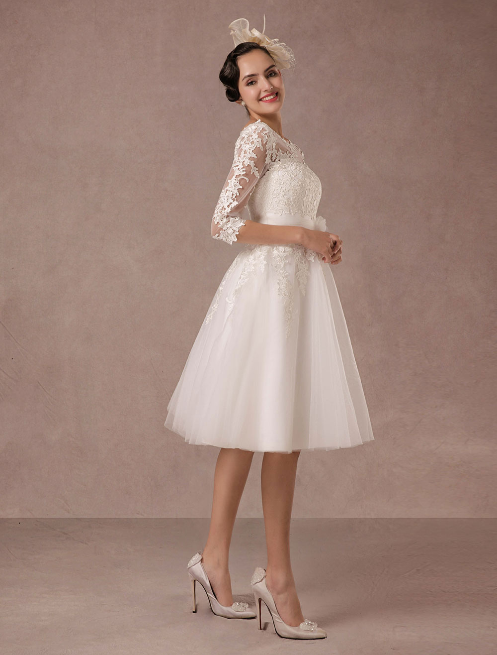 Short Wedding Dress Vintage Lace Applique Long Sleeves Tea Length A Line Tulle Bridal Gown With Flower Sash Exclusive-newarrivaldress