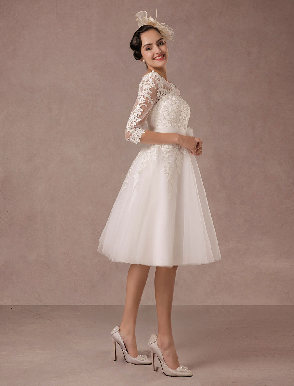 Short Wedding Dress Vintage Lace Applique Long Sleeves Tea Length A Line Tulle Bridal Gown With Flower Sash Exclusive-newarrivaldress