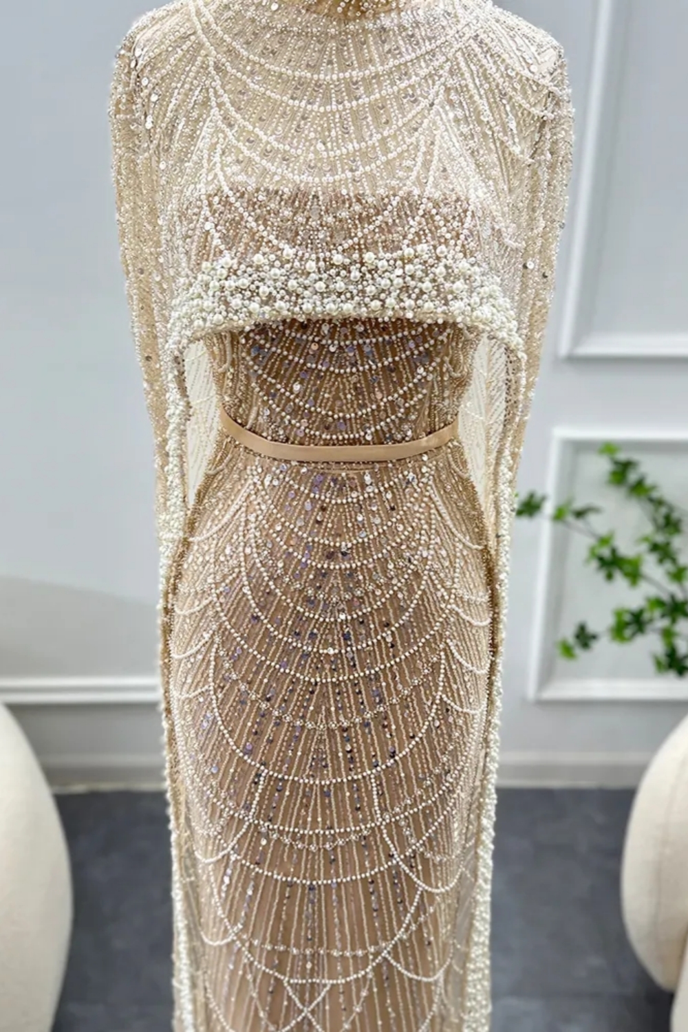 Luxury Sequins Dubai Mermaid Evening Dress with Cape Glitter Pearls Floor Length Party Dress-newarrivaldress