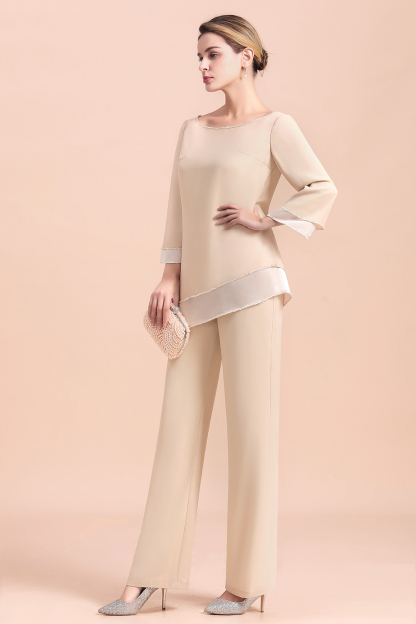 Chic Round-Neck Champagne Chiffon Mother of Bride Jumpsuit-newarrivaldress