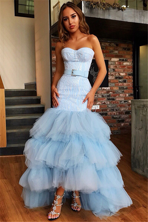 Mermaid Tulle Layers Strapless Sleeveless High-Low Prom Dress-newarrivaldress