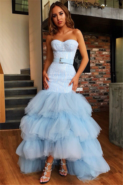 Mermaid Tulle Layers Strapless Sleeveless High-Low Prom Dress-newarrivaldress