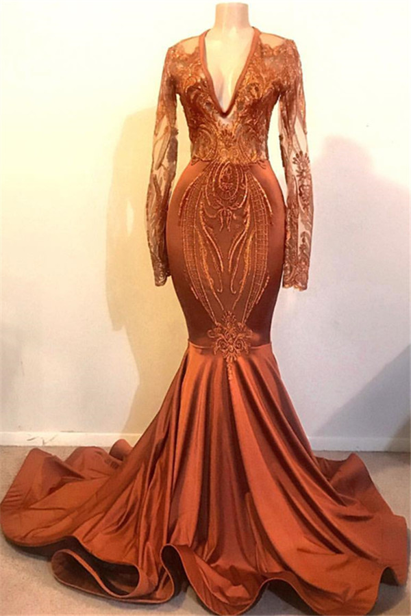 Classic Dust Orange Mermaid V-neck Long Sleeve Prom Dresses-newarrivaldress